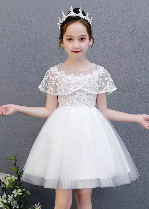 Fashion White O-Neck Embroideried Floral Tulle Kids Mid Dress Summer EW031 WS-JRTZSDL240810