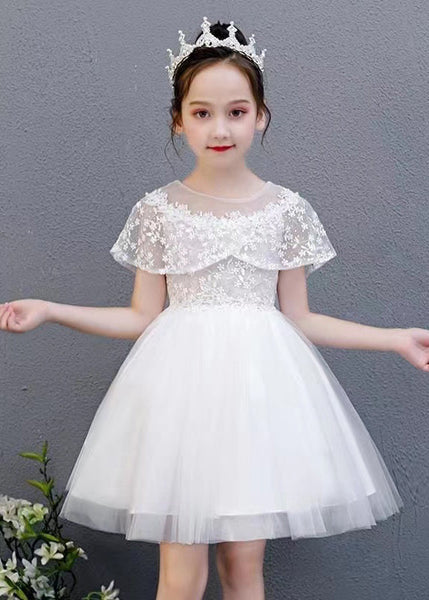 Fashion White O-Neck Embroideried Floral Tulle Kids Mid Dress Summer EW031 WS-JRTZSDL240810