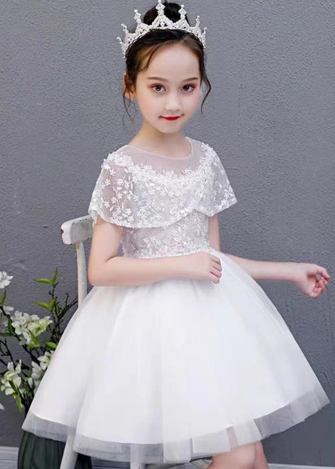 Fashion White O-Neck Embroideried Floral Tulle Kids Mid Dress Summer EW031 WS-JRTZSDL240810
