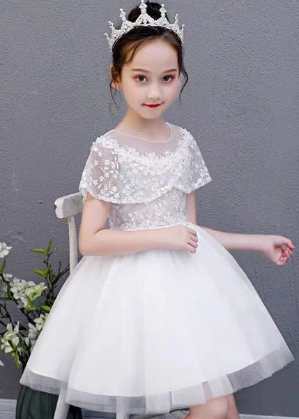 Fashion White O-Neck Embroideried Floral Tulle Kids Mid Dress Summer EW031 WS-JRTZSDL240810