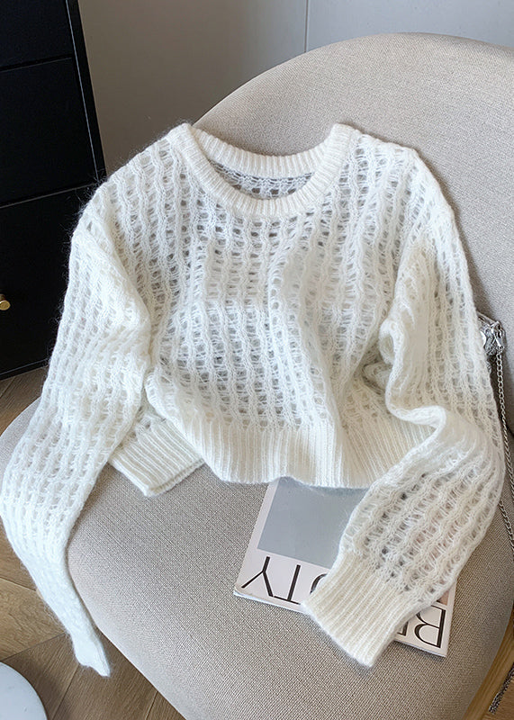 Fashion White O Neck Hollow Out Knit Pullover Fall QL061 OM-OL241021