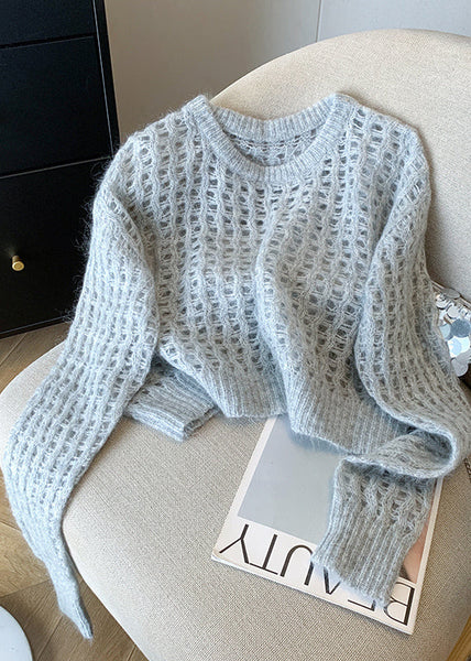 Fashion White O Neck Hollow Out Knit Pullover Fall QL061 OM-OL241021