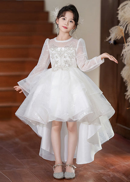 Fashion White O-Neck Low High Design Tulle Girls Maxi Dresses Spring YE003 ABC
