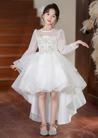 Fashion White O-Neck Low High Design Tulle Girls Maxi Dresses Spring YE003 ABC