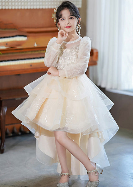 Fashion White O-Neck Low High Design Tulle Girls Maxi Dresses Spring YE003 ABC