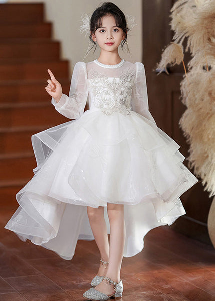 Fashion White O-Neck Low High Design Tulle Girls Maxi Dresses Spring YE003 ABC