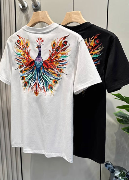 Embroideried Men Summer White Cotton Peacock T Fashion Shirt FashionChic