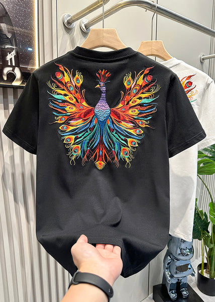 Embroideried Men Summer White Cotton Peacock T Fashion Shirt FashionChic