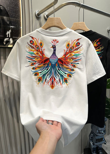 Embroideried Men Summer White Cotton Peacock T Fashion Shirt FashionChic