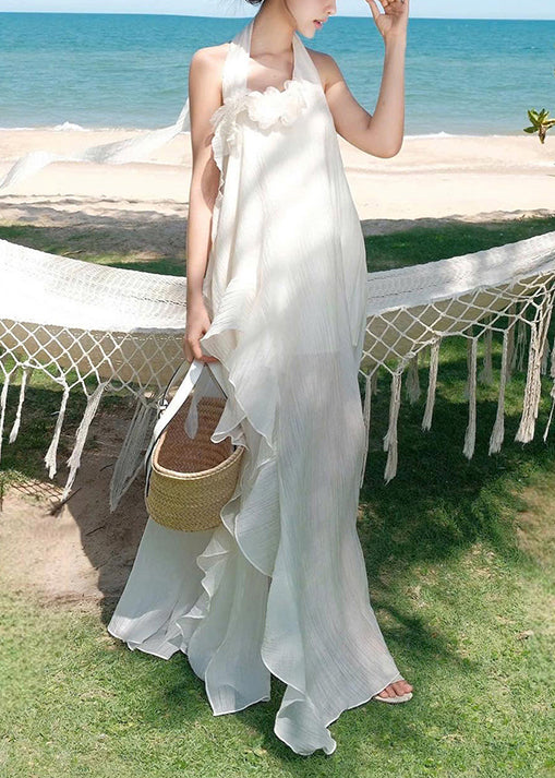 Cotton Patchwork Ruffled Dresses Asymmetrical White Fashion FashionChic