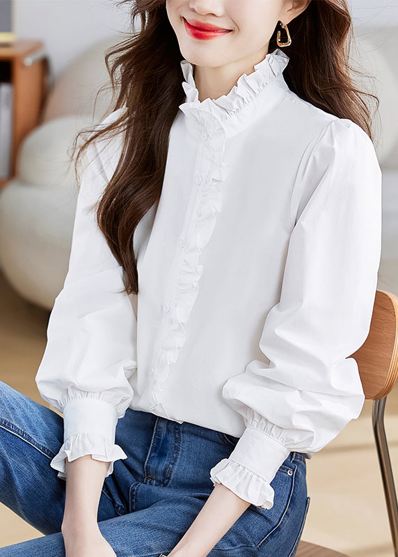 Fashion White Stand Collar Ruffled Patchwork Button Shirt Puff Sleeve QT010 OL-LTP241001