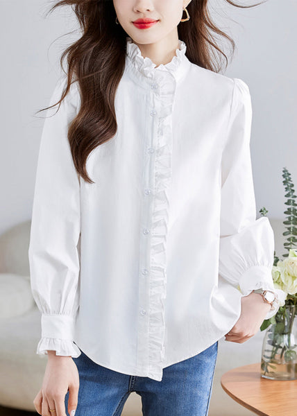 Fashion White Stand Collar Ruffled Patchwork Button Shirt Puff Sleeve QT010 OL-LTP241001