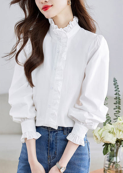 Fashion White Stand Collar Ruffled Patchwork Button Shirt Puff Sleeve QT010 OL-LTP241001