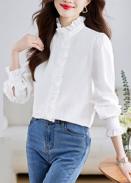 Fashion White Stand Collar Ruffled Patchwork Button Shirt Puff Sleeve QT010 OL-LTP241001