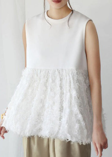 Sleeveless Fashion Cotton Patchwork White Tops Tasseled FashionChic