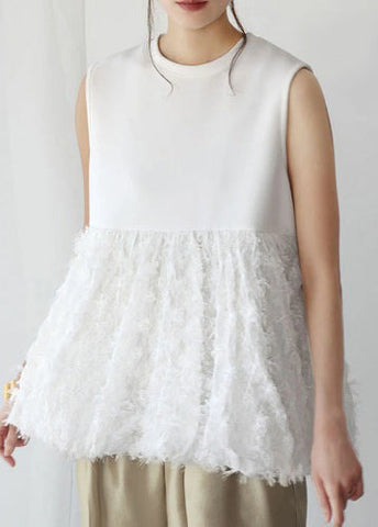 Sleeveless Fashion Cotton Patchwork White Tops Tasseled FashionChic