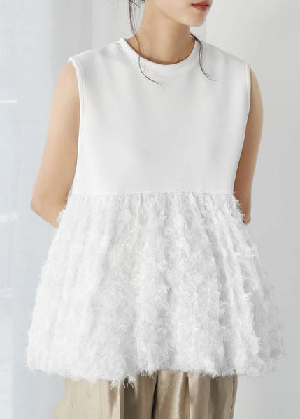 Sleeveless Fashion Cotton Patchwork White Tops Tasseled FashionChic