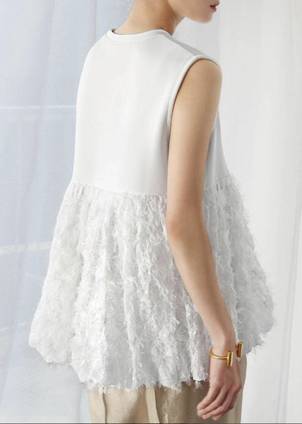 Sleeveless Fashion Cotton Patchwork White Tops Tasseled FashionChic