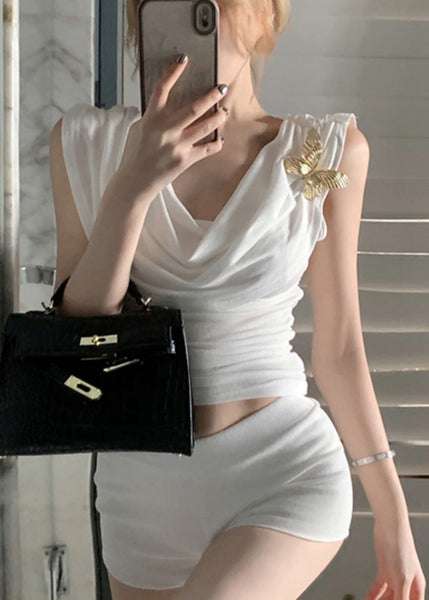 Sleeveless Vests Neck Turtle Butterfly Decorated Fashion White FashionChic