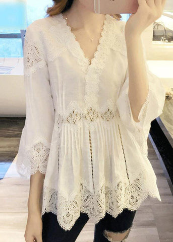 Fashion White V-Neck Ruffles Hollow Out Shirts Spring BV052 MZF-LTP240702