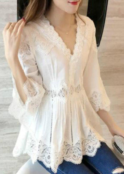 Fashion White V-Neck Ruffles Hollow Out Shirts Spring BV052 MZF-LTP240702