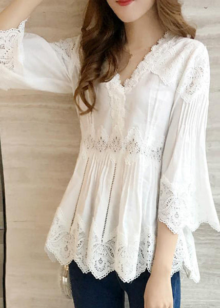 Fashion White V-Neck Ruffles Hollow Out Shirts Spring BV052 MZF-LTP240702