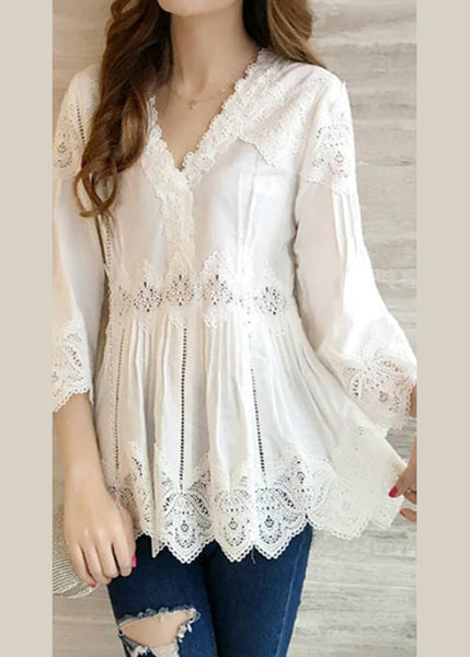 Fashion White V-Neck Ruffles Hollow Out Shirts Spring BV052 MZF-LTP240702