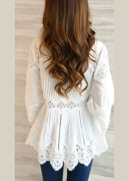 Fashion White V-Neck Ruffles Hollow Out Shirts Spring BV052 MZF-LTP240702
