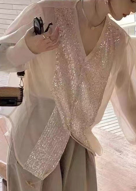 Fashion White V Neck Sequins Patchwork Silk Blouses Long Sleeve OP1029 Ada Fashion