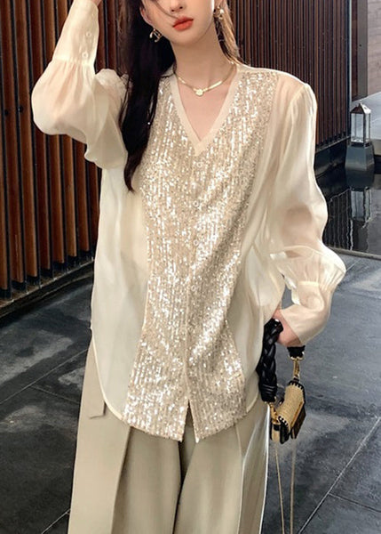 Fashion White V Neck Sequins Patchwork Silk Blouses Long Sleeve OP1029 Ada Fashion