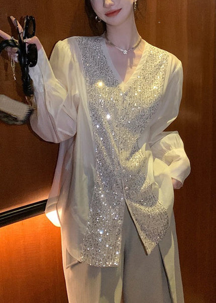 Fashion White V Neck Sequins Patchwork Silk Blouses Long Sleeve OP1029 Ada Fashion