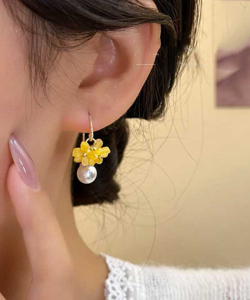 Yellow Hoop Earrings Floral Pearl Fashion Alloy Acrylic FashionChic