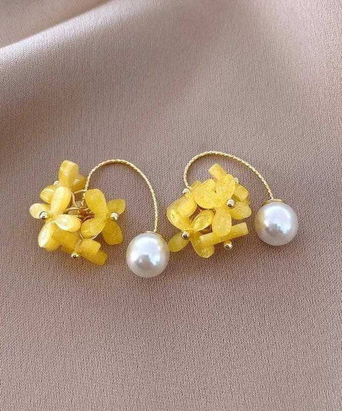 Yellow Hoop Earrings Floral Pearl Fashion Alloy Acrylic FashionChic