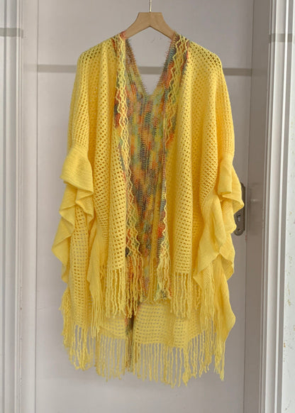High Sleeve Knit Tassel Fashion Shawl Design Low Yellow Batwing FashionChic