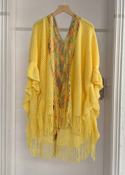 High Sleeve Knit Tassel Fashion Shawl Design Low Yellow Batwing FashionChic