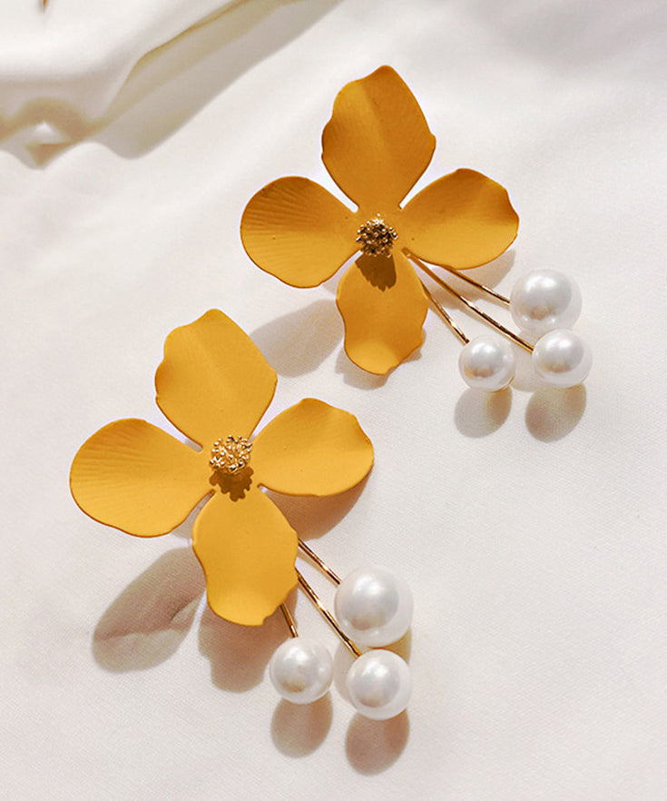 Fashion Yellow Metal Pearl Floral Tassel Drop Earrings QJ032 JEW-EAR241021