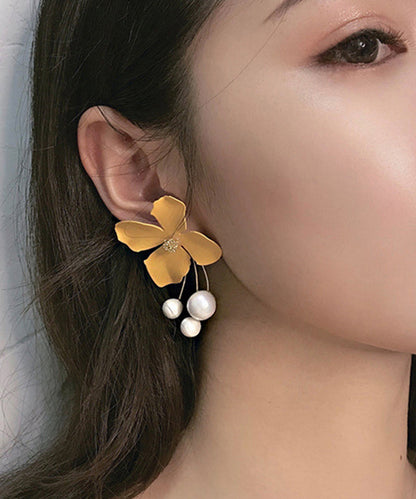 Fashion Yellow Metal Pearl Floral Tassel Drop Earrings QJ032 JEW-EAR241021