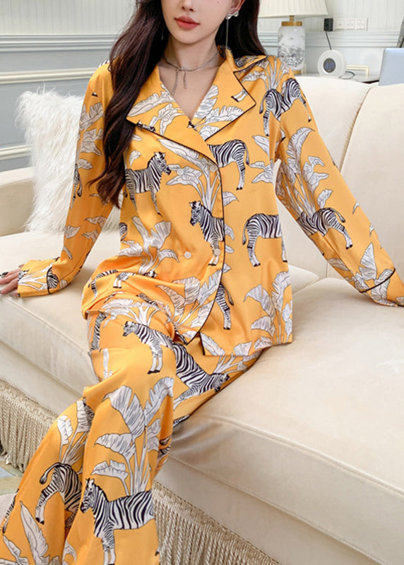 Fashion Yellow Notched Print Shirts And Pants Two Pieces Set Spring XS1011 Ada Fashion