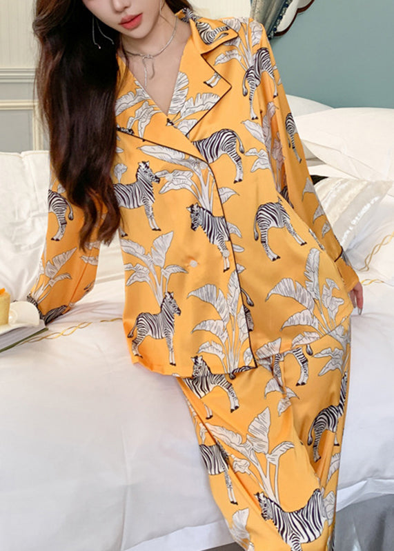 Fashion Yellow Notched Print Shirts And Pants Two Pieces Set Spring XS1011 Ada Fashion