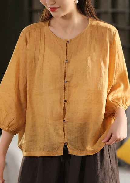 Button Summer Linen Top Fashion O Neck Yellow FashionChic