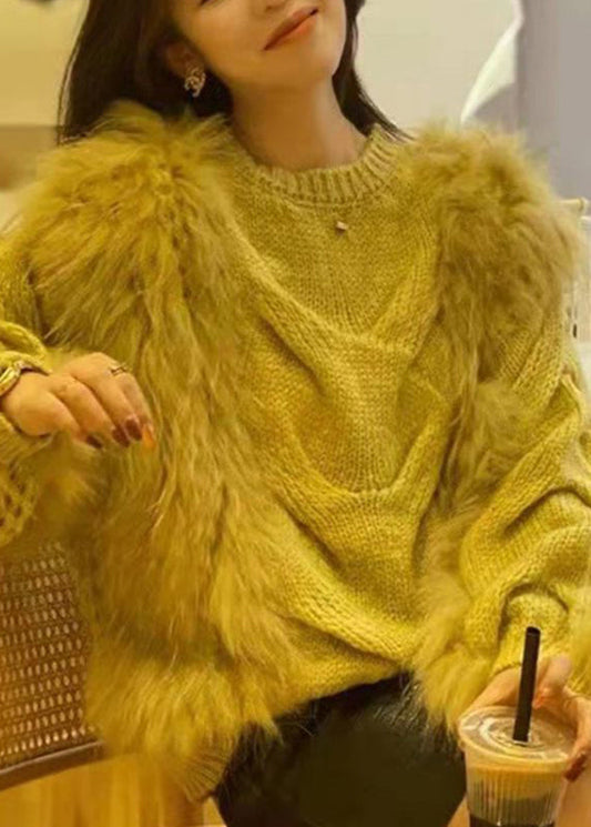 Cotton O-Neck Yellow Sweaters Fluffy Fuzzy Fur Knit Fashion Cozy FashionChic