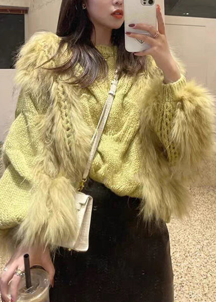Cotton O-Neck Yellow Sweaters Fluffy Fuzzy Fur Knit Fashion Cozy FashionChic