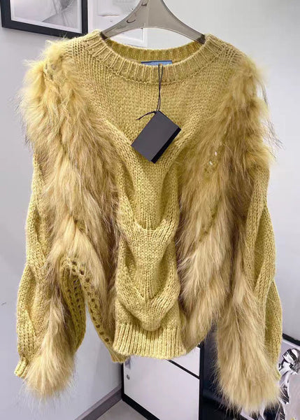 Cotton O-Neck Yellow Sweaters Fluffy Fuzzy Fur Knit Fashion Cozy FashionChic
