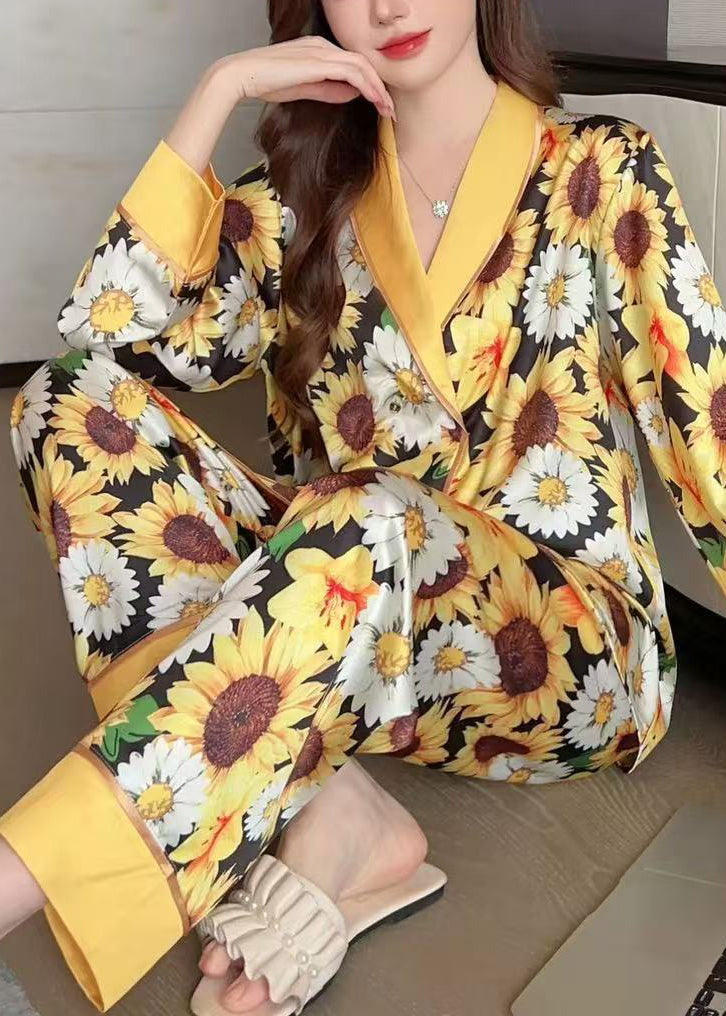 Fashion Yellow Print Shirts And Pants Ice Silk Pajamas Two Piece Set Spring YK007 ABC