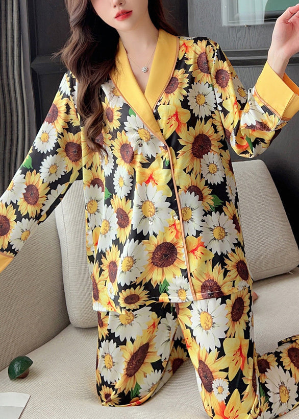 Fashion Yellow Print Shirts And Pants Ice Silk Pajamas Two Piece Set Spring YK007 ABC