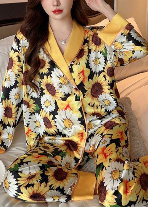 Fashion Yellow Print Shirts And Pants Ice Silk Pajamas Two Piece Set Spring YK007 ABC