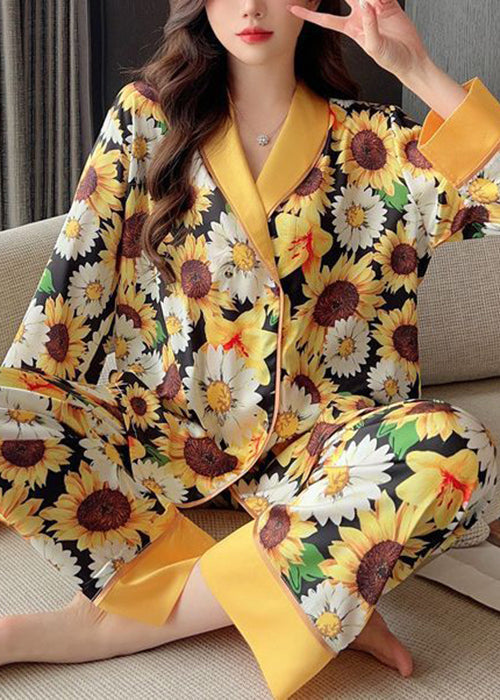 Fashion Yellow Print Shirts And Pants Ice Silk Pajamas Two Piece Set Spring YK007 ABC