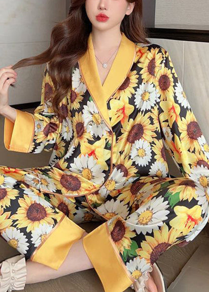 Fashion Yellow Print Shirts And Pants Ice Silk Pajamas Two Piece Set Spring YK007 ABC