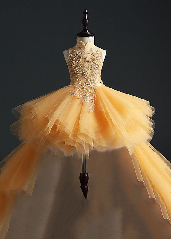 Fashion Yellow Stand Collar Embroideried Tulle Kids Long Dresses Sleeveless YS007 ABC