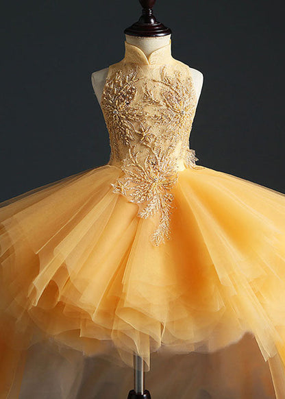 Fashion Yellow Stand Collar Embroideried Tulle Kids Long Dresses Sleeveless YS007 ABC